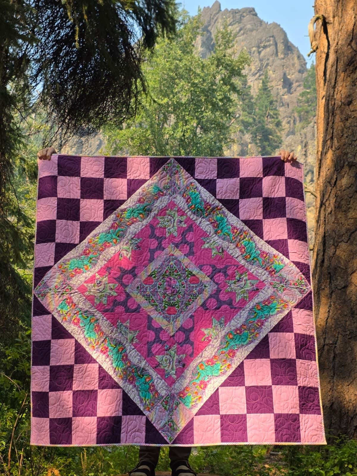 Handmade Tula Pink Aster Quilt Moonflower | Roar Dinosaur Finished Quilt | FreeSpirit Fabrics | Colorful Dinosaur Quilt